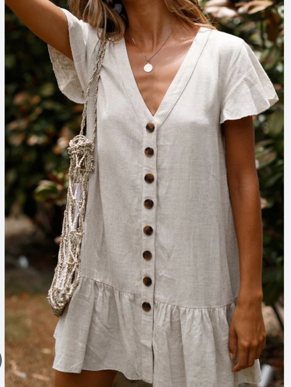 Olivaceous Button Down Ruffle Mini Bohemian Dress